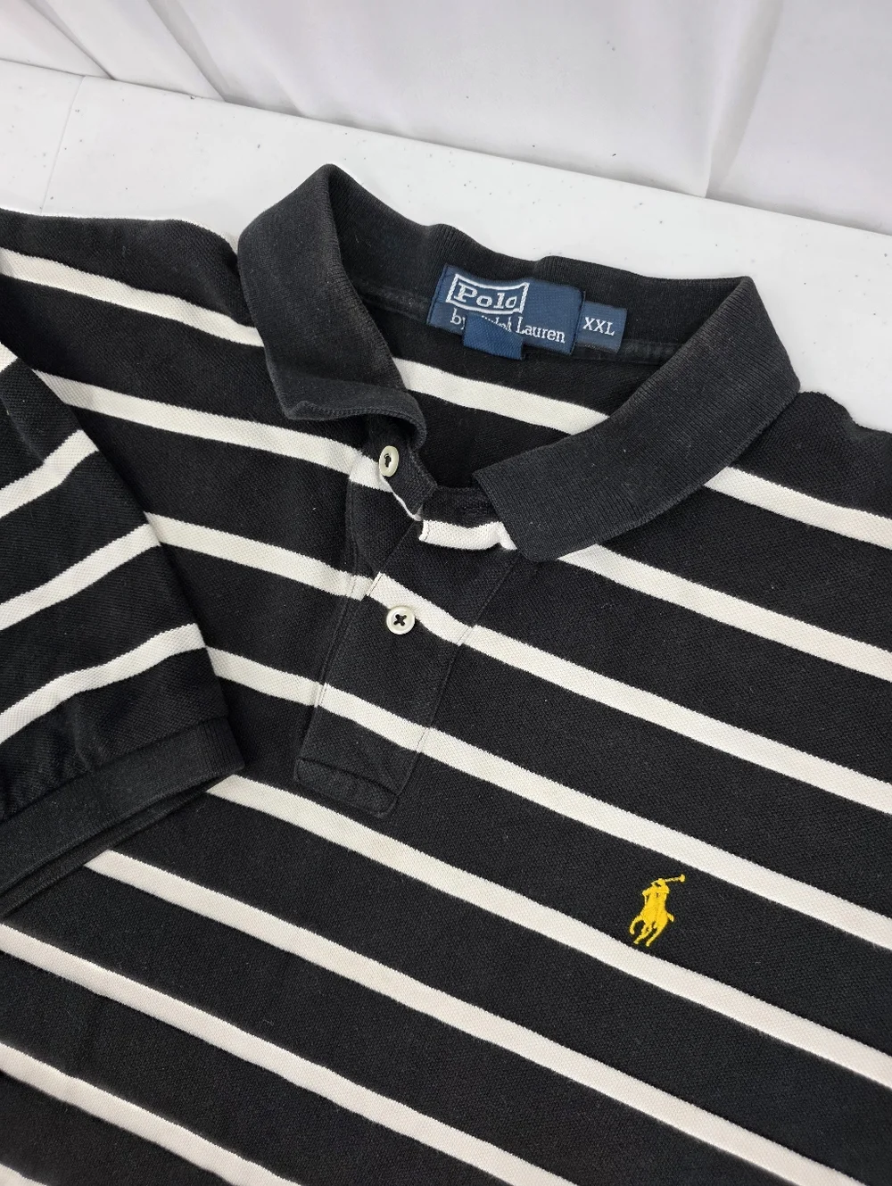 Vintage Polo Ralph Lauren Short Sleeve Pique Polo‎ Men XXL Black Cream Striped.